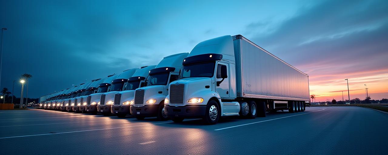 SK Trucking fleet lined up at sunset in North Charleston