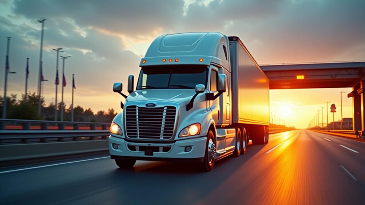 SK Trucking heavy vehicle at the US-Mexico border crossing during sunset