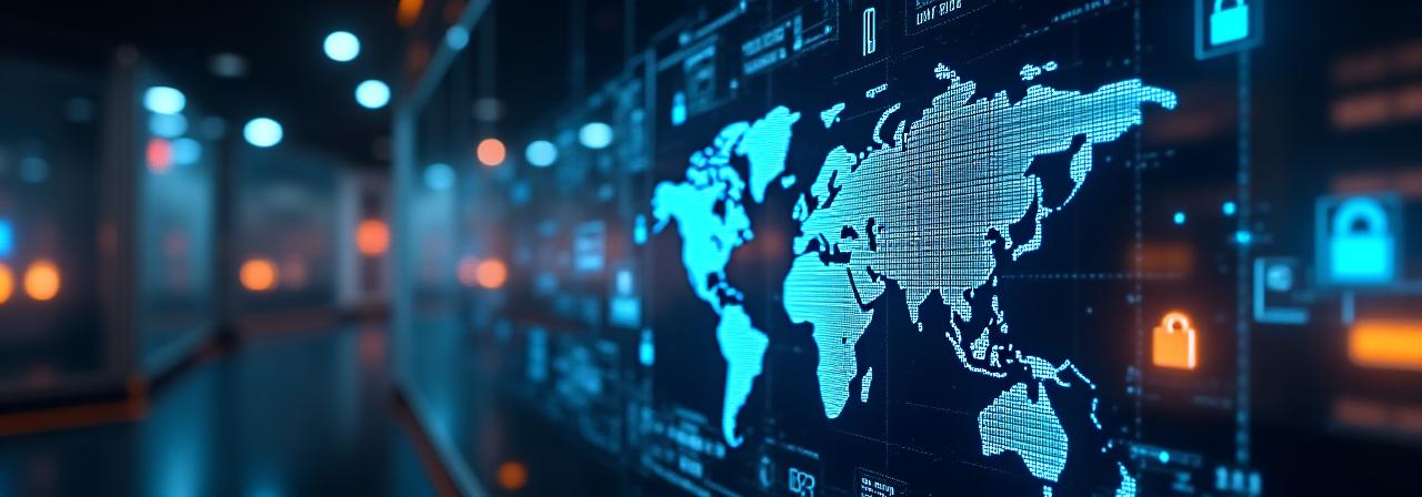 Close-up of a high-tech digital security interface displaying logistics data streams with blue and orange accents.