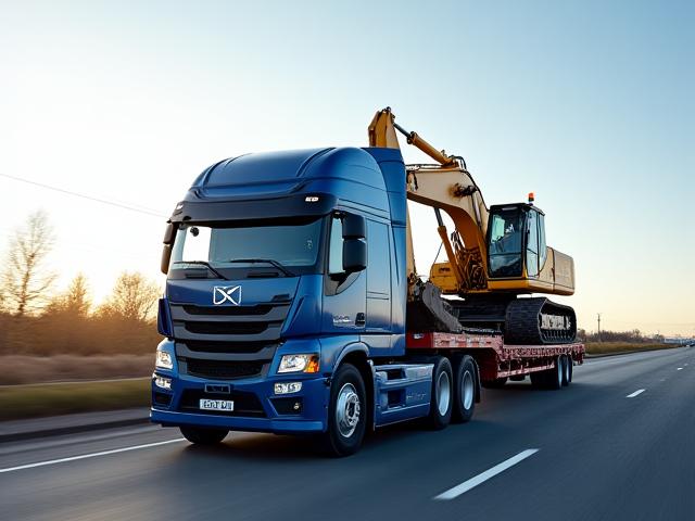 Yellow excavator on heavy-duty RGN trailer