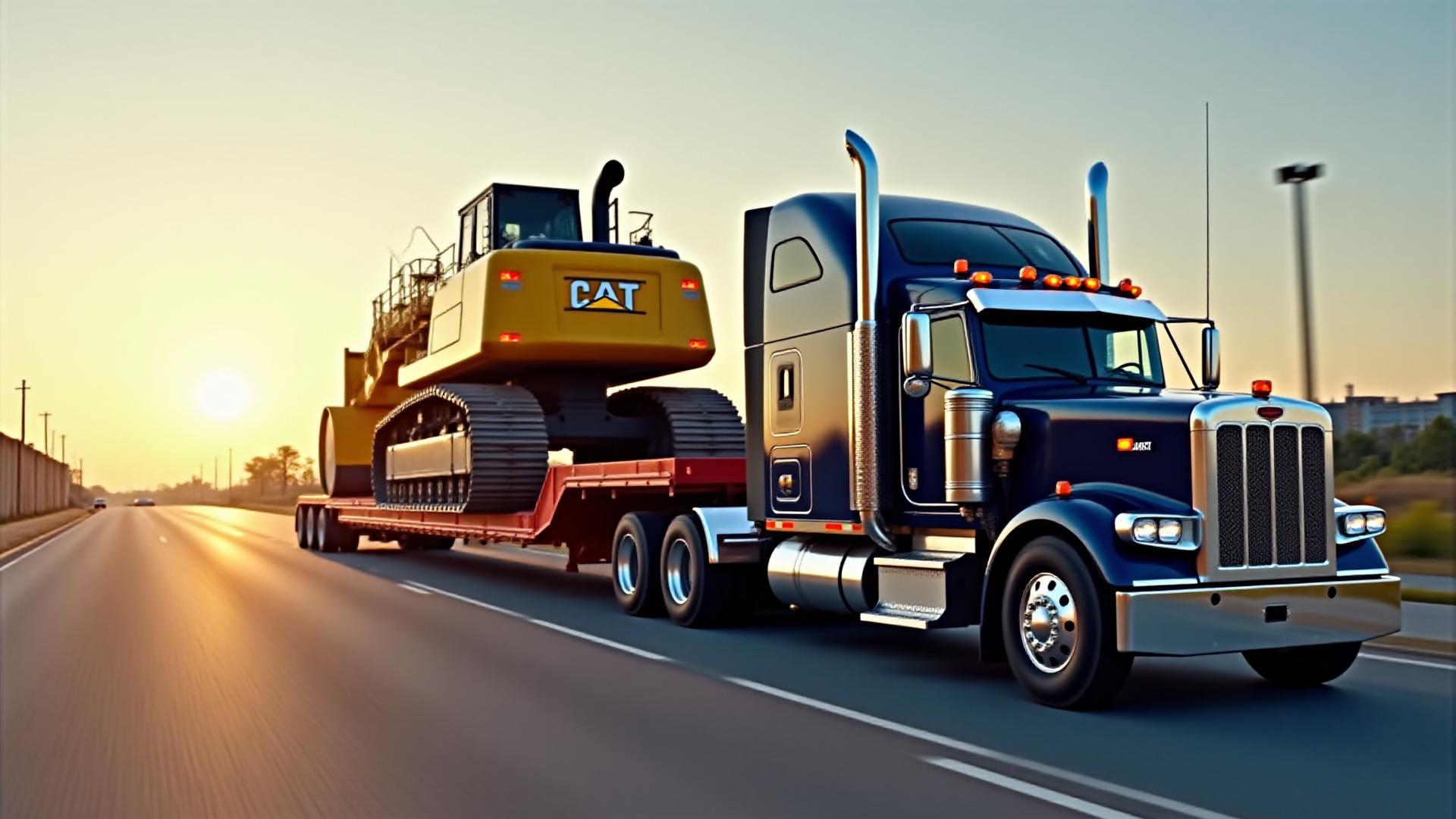 Heavy construction equipment expertly loaded on an SK Trucking specialized trailer at a job site